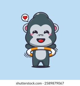 gorilla mascot cartoon character vector illustration playing hula hoop.
Design element for poster, brochure, web, mascot, sticker, logo and icon.