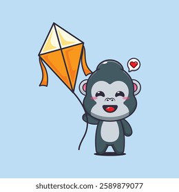 gorilla mascot cartoon character vector illustration playing kite.
Design element for poster, brochure, web, mascot, sticker, logo and icon.