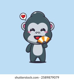 gorilla mascot cartoon character vector illustration with hand fan.
Design element for poster, brochure, web, mascot, sticker, logo and icon.