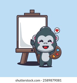 gorilla mascot cartoon character vector illustration wants to paint on canvas.
Design element for poster, brochure, web, mascot, sticker, logo and icon.