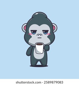 gorilla mascot cartoon character vector illustration is tired and sleepy holding coffee. 
design element for poster, brochure, web, mascot, sticker, logo and icon.