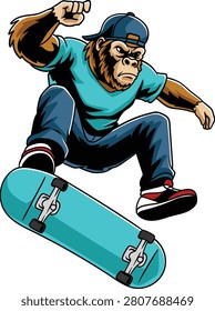 gorilla mascot character wearing a blue cap jumping in mid-air while performing a dynamic skateboard trick