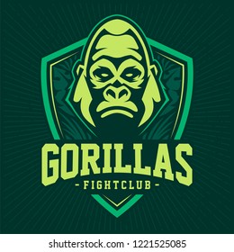 Gorilla mascot emblem design template. Sport team logo design with gorilla looking dangerous. Vector illustration.