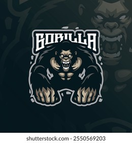 Gorila mascote logotipo design com estilo conceito de ilustração moderna para impressão de emblema, emblema e t shirt. Ilustração de gorila irritado para esporte e equipe de esporte.