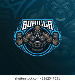 Vector de diseño del logotipo de la mascota de gorilas con un estilo de ilustración moderno para la impresión de insignias, emblemas y camisetas. Ilustración de gorila enojada para el equipo deportivo y deportivo.