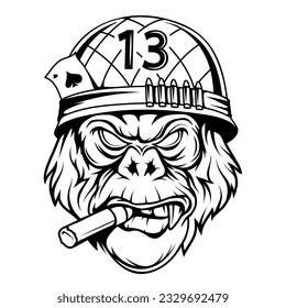 Gorila con casco militar y cigarro. Ilustración vectorial de primates. Esbozo de una cabeza de gorila enojada