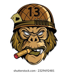 Gorilla in a military helmet and with a cigar. Vector illustration of primates. Angry gorilla head