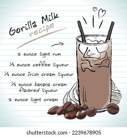 Gorilla Milk cocktail, vector sketch hand drawn illustration, fresh summer alcoholic drink with recipe and fruits