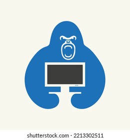 Gorilla Monitor Logo Negative Space Concept Vector Template. Gorilla Holding Monitor Symbol