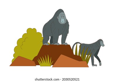 Mono gorila como animal africano sentado en una ilustración de un vector de rock