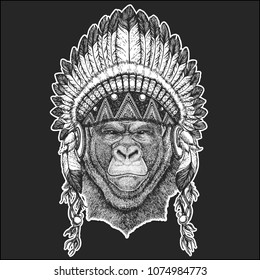 Gorilla, monkey, ape Frightful animal Cool animal wearing native american indian headdress with feathers Boho chic style Hand drawn image for tattoo, emblem, badge, logo, patch