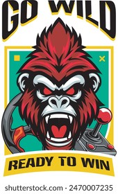 Gorilla monkey ape mascot gaming with retro arcade joystick and steering wheel Esport logo vector illustration