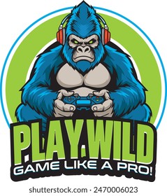 Gorilla mono mono mascota jugar juegos con joystick y auriculares Esport logo Ilustración vectorial
