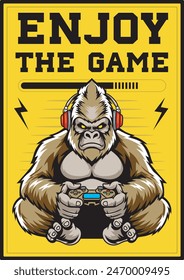 Gorilla monkey ape mascot play gaming with joystick and headphone Esport logo poster vector illustration