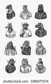 Gorilla monkey astronaut. Eagle aviator pilot Rooster Dinosaur Pig Tiger Bear Sheep Buffalo Bull Horse Cheetah. Dog bulldog baseball tennis player. Fashion animal character. Hand drawn vintage sketch.