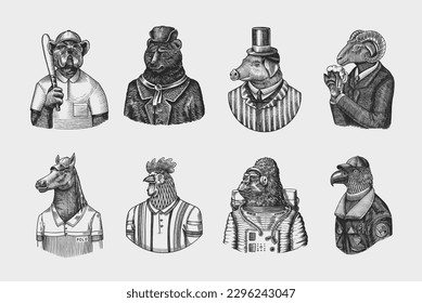 Gorilla monkey astronaut. Eagle aviator pilot Rooster Dinosaur Pig Tiger Bear Sheep Buffalo Bull Horse Cheetah. Dog bulldog baseball tennis player. Fashion animal character. Hand drawn vintage sketch.