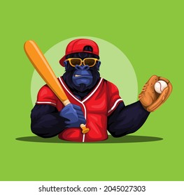 Gorila Mono de Béisbol Disfraz del jugador sujetando bate y mascota de bola ilustración vector