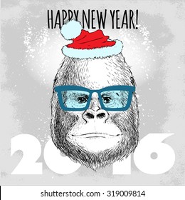 Gorilla monkey Hipster with blue glasses and Christmas hat. Merry Christmas and Happy New Year vector illustration for placard design, posters, fashion print and textile 