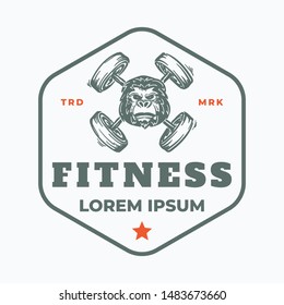 Gorilla monkey portrait head with crossed barbell logo fitness template