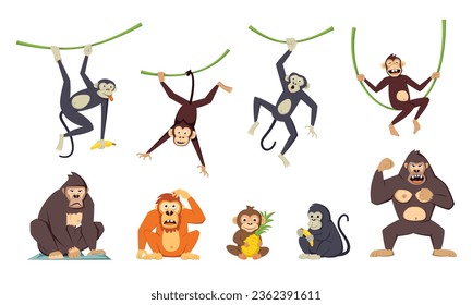 gorilla monkey set. cartoon funny tropical neanderthal exotic primates, funny apes in jungle, brutal chimpanzee charcters. vector cartoon wild animals set.