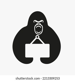 Gorilla Notice Board Logo Negative Space Concept Vector Template. Gorilla Holding Notice Board Symbol