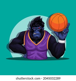 Gorilla on basket player costume pose holding ball mascot character illustration vector