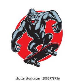 Gorilla on skate. Cool ape riding skateboard mascot. Comic style vector illustration.