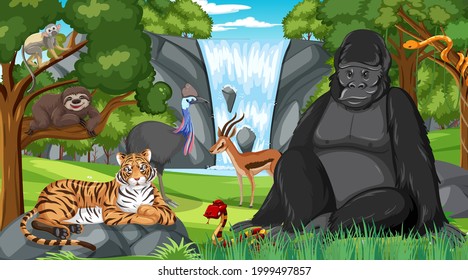 Gorilla with other wild animals in the forest or rainforest scene illustration