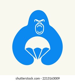 Gorilla Parachute Logo Negative Space Concept Vector Template. Gorilla Holding Parachute Symbol