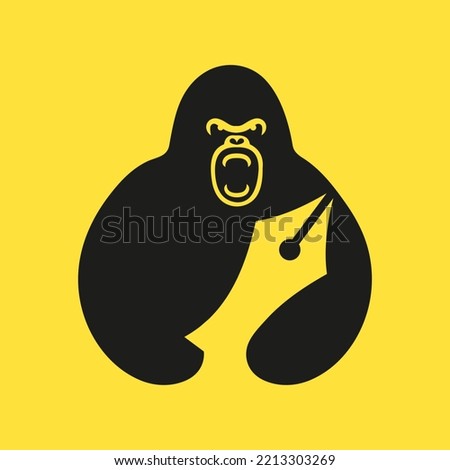 Gorilla Pen Nib Logo Negative Space Concept Vector Template. Gorilla Holding Pen Nib Symbol