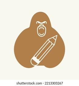 Gorilla Pencil Logo Negative Space Concept Vector Template. Gorilla Holding Pencil Symbol