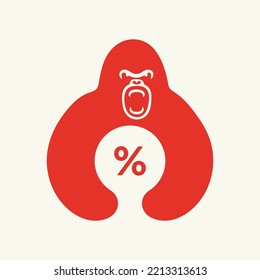 Gorilla Percentage Logo Negative Space Concept Vector Template. Gorilla Holding Percentage Symbol