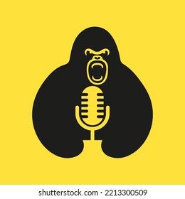 Gorilla Podcast Logo Negative Space Concept Vector Template. Gorilla Holding Podcast Symbol