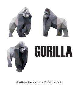 Conjunto de vetor de polígono baixo gorila. Logotipo do Triângulo Abstrato do Gorila Kingkong. Coleção de Angry Gorilla Polygon Abstract Illustration