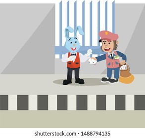 gorilla postman give a letter to rabbit business man