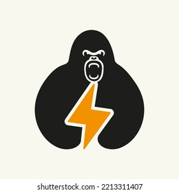 Gorilla Power Logo Negative Space Concept Vector Template. Gorilla Holding Bolt Symbol