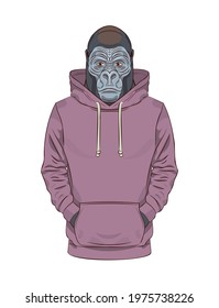 Gorilla in a purple sweatshirt or hoodie. Vector print illustration for sweatshirts, sweatshirts, t-shirts, posters, cards, pet supplies