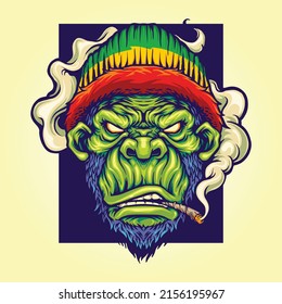 Gorilla rastafarian with smoking cannabis vector illustrations for your work logo, merchandise t-shirt, stickers and label designs, poster, greeting cards advertising business company or brands