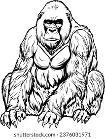 Gorilla Realistic Animal Hand Drawn Illustration Vector For Coloring Book