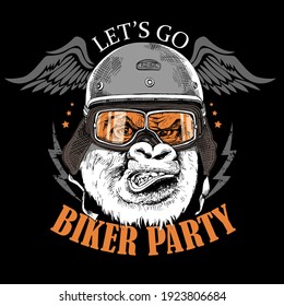 Gorilla in the retro bikers helmet, glasses and with the wings. Creative poster, t-shirt composition, hand drawn style print. Vector illustration.