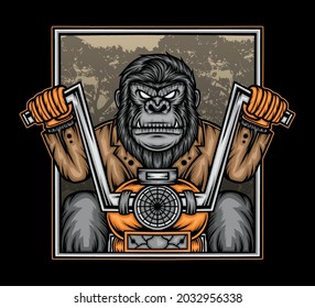 Gorilla riding motorcycle. Premium vector