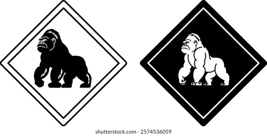 Gorilla Road Signs. Black and White Vector Icons. Monkey. Road Sign Warning about Crossing the Road by Animals. Sticker for Zoo