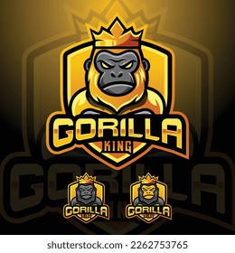 Gorilla royal king mascot logo design vector with modern illustration concept style for badge, emblem and tshirt printing. modern gorilla shield logo illustration for sport, gamer, streamer