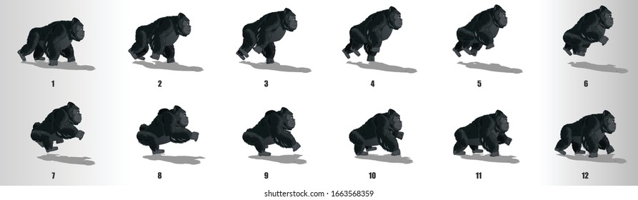 Gorilla run cycle animation frames, loop animation sequence sprite sheet 