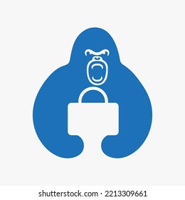 Gorilla Safety Logo Negative Space Concept Vector Template. Gorilla Holding Locker Symbol