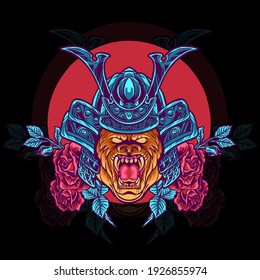 gorila samurai head con la ilustración de rosas para su mercancía o negocio