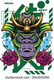 Gorilla samurai illustration with japanese style drawing 