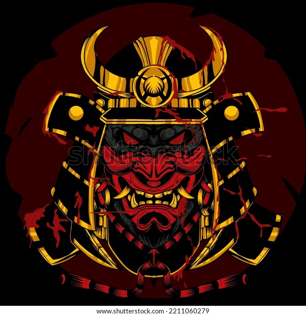 Gorilla Samurai warrior mask. Japanese warrior\'s\
traditional armor, Vector illustration with red moon background.\
All elements; masks, helmets, colors are in separate layers and can\
be edited.