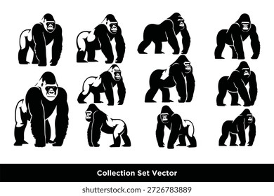 Gorilla set silhouettes isolated vector logo icon