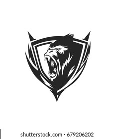 Gorilla shield icon, wild animal, mammal, vector illustration